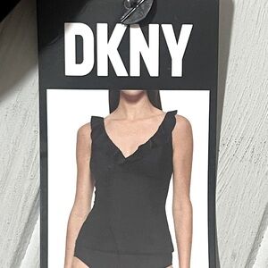 DKNY Ruffled V Neck Tankini Swimsuit Top‎ Womens Small Black Stretchy UPF NWT